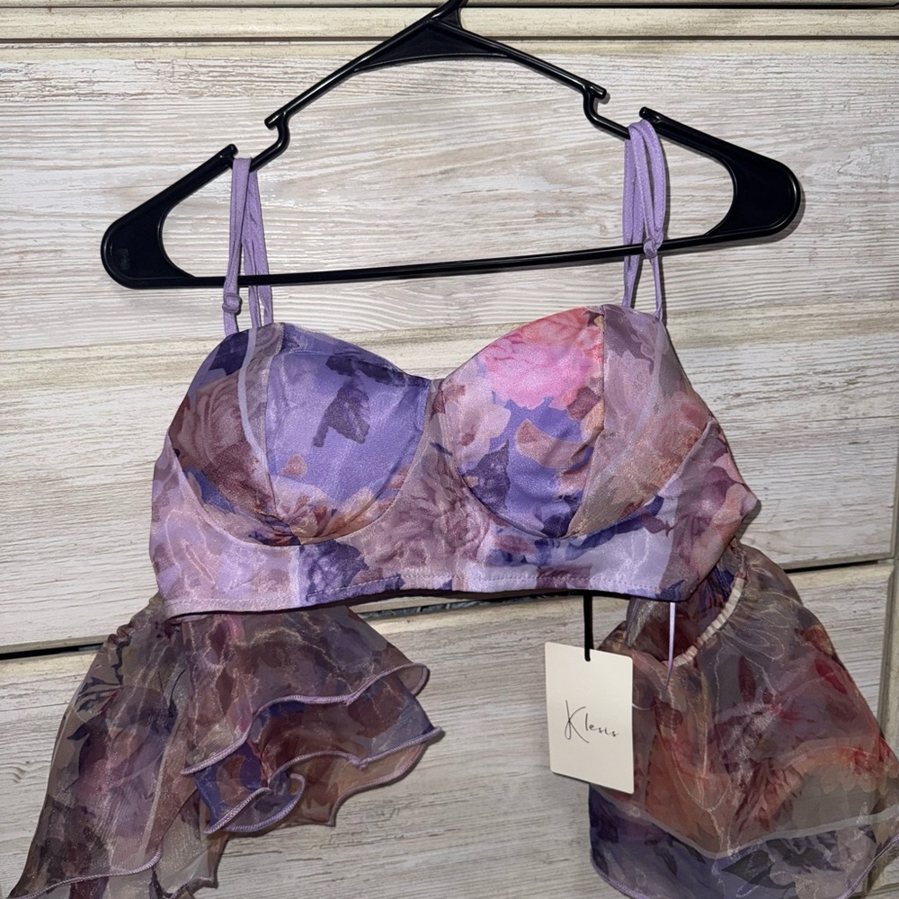 Floral Purple Crop Top with Puff Off The Shoulder Sleeves